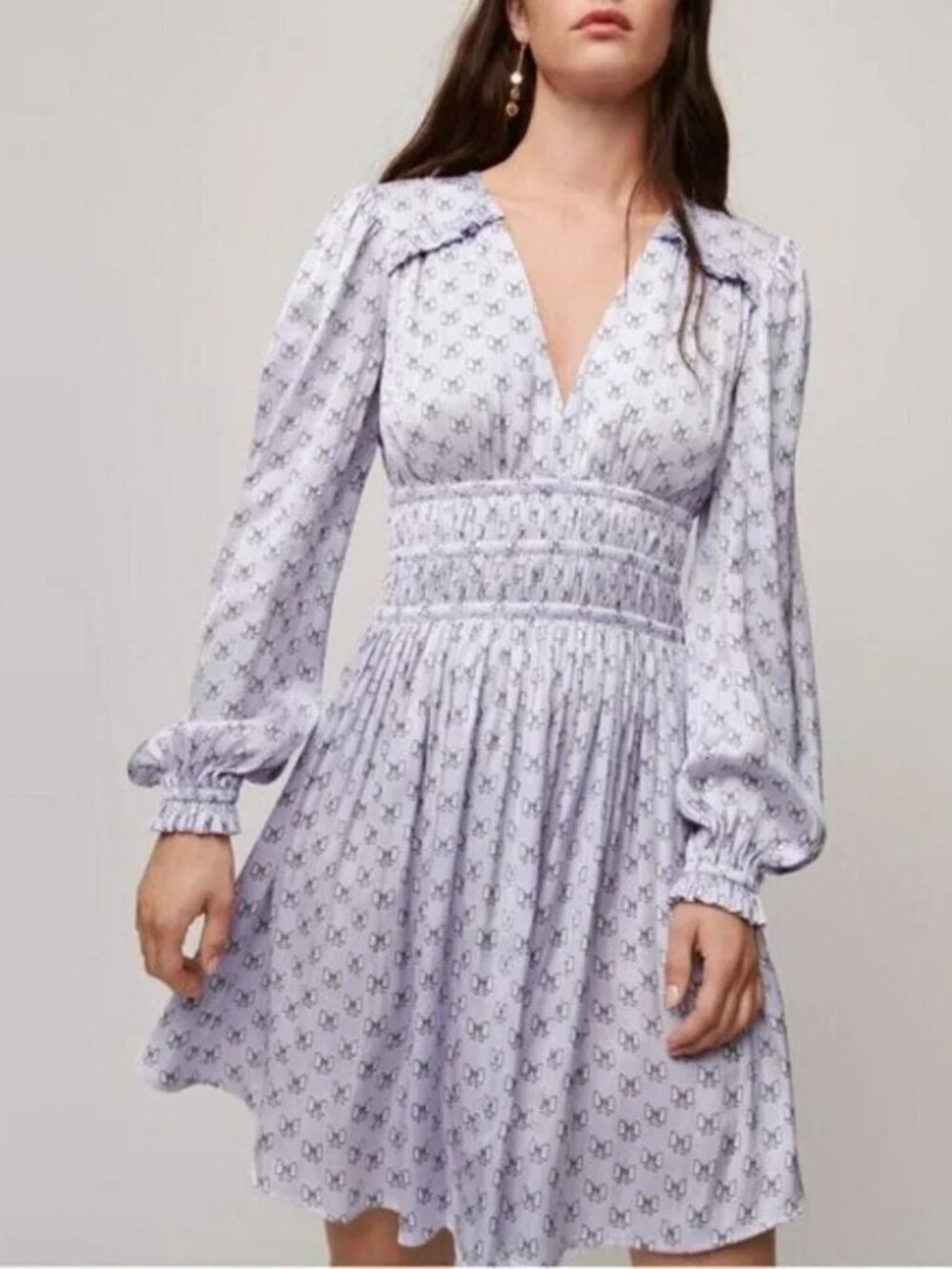 New Maje Rianne Bow Print Satin Mini Dress Lavender 36, 4 S $375